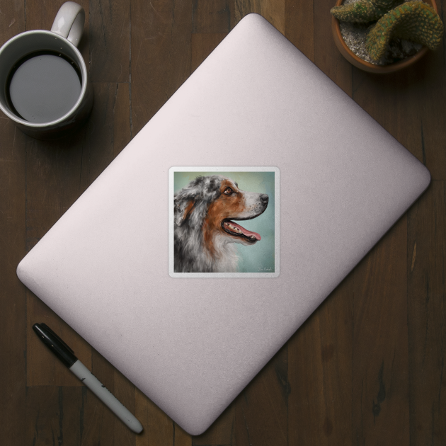 Painting of a Gorgeous Enthusiastic Australian Shepherd with Open Mouth from the Side. by ibadishi